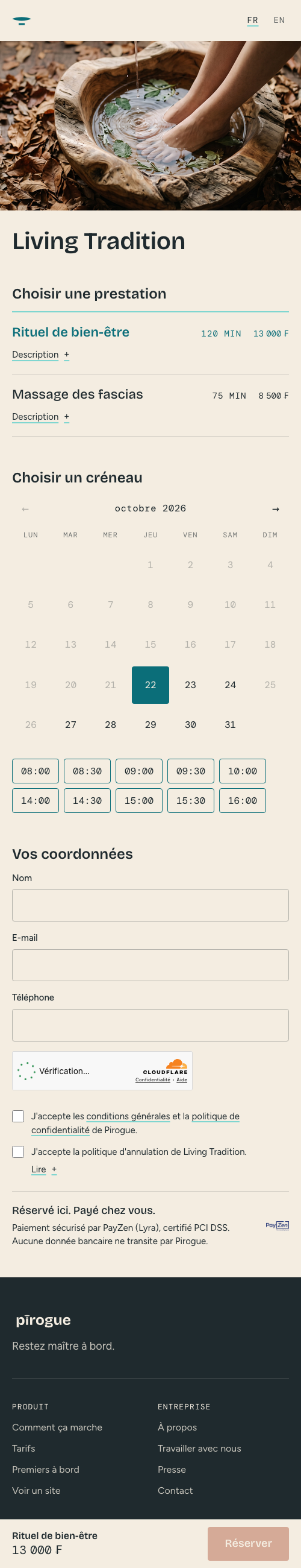 Page de réservation de Living Tradition sur téléphone (capture du staging)